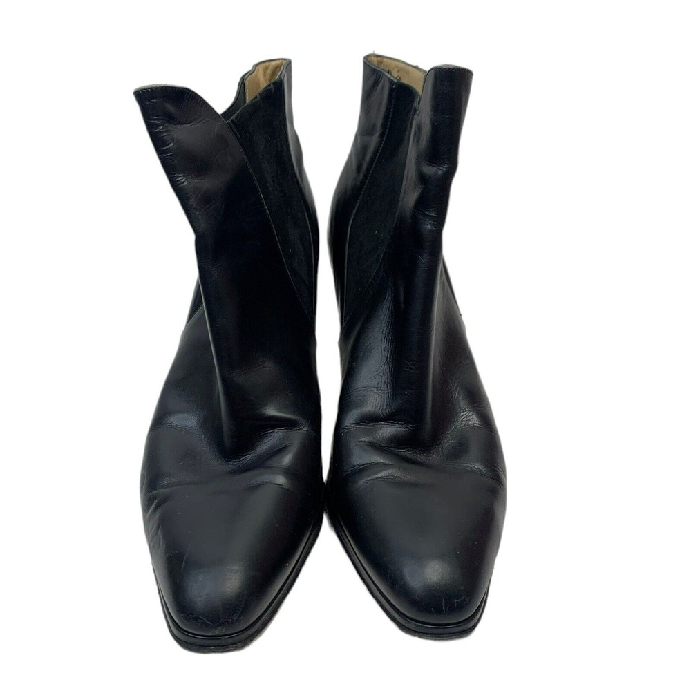 Salvatore Ferragamo Sz 10 AA Ankle Heeled Boots Black Leather Pull On Almond Toe